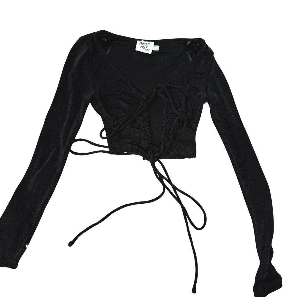 Princess Polly Black Ruched Tie Front Long Sleeve Crop Top Size 2